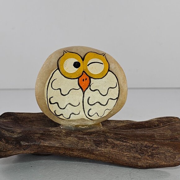 Hand Painted Owl Rock Decor on Driftwood Unique Home Office Art Gift MCM - Picture 2 of 7